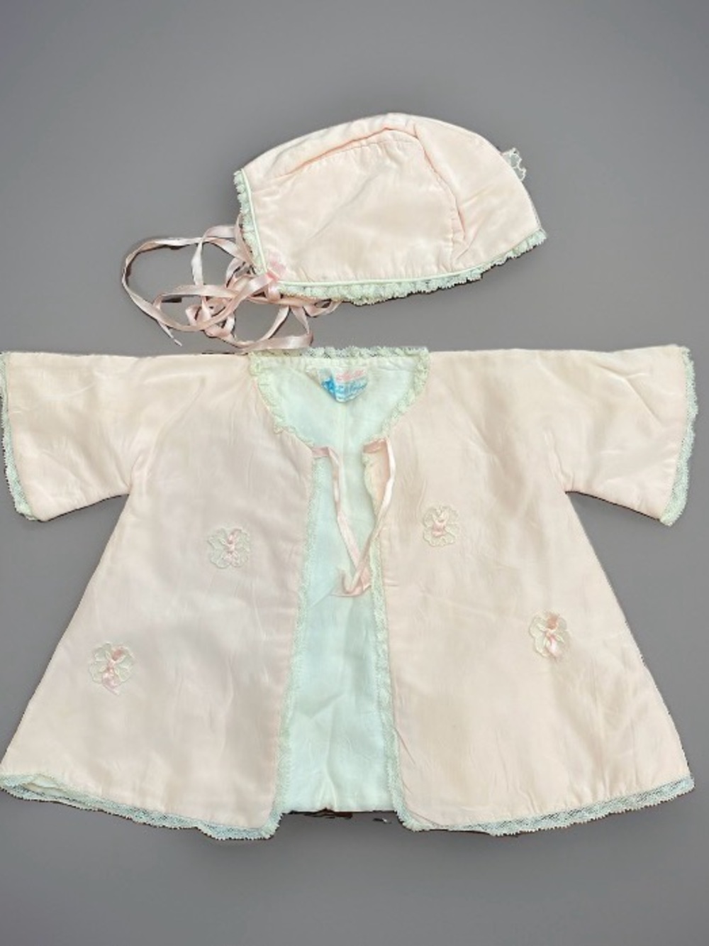 Vintage 1950s Pale Pink Kimono Satin Jacket & Bonnet Set Heirloom/Christening